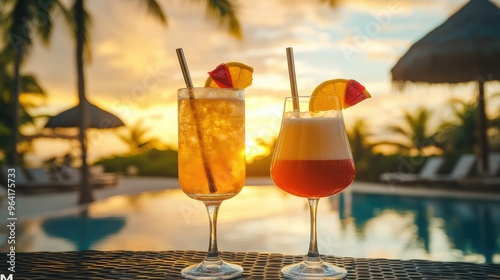 summer cocktails on luxury tropical beach resort at sunset exotic summer drinks