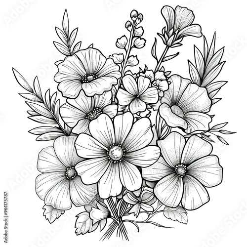 Detailed Black and White Floral Bouquet Sketch of Wildflowers