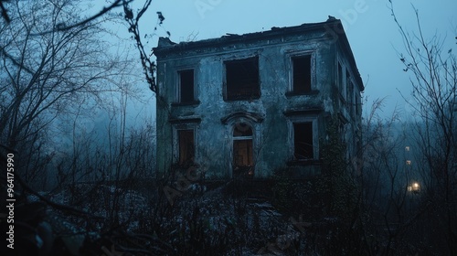 Spooky abandoned mansion in moonlight photo