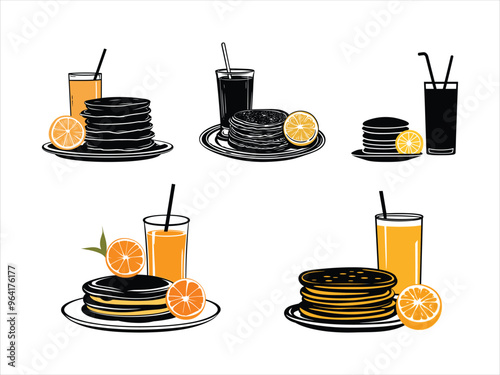 Minimalist Pancake and Orange Juice Silhouette - National Pancake Day Breakfast Vector Illustration