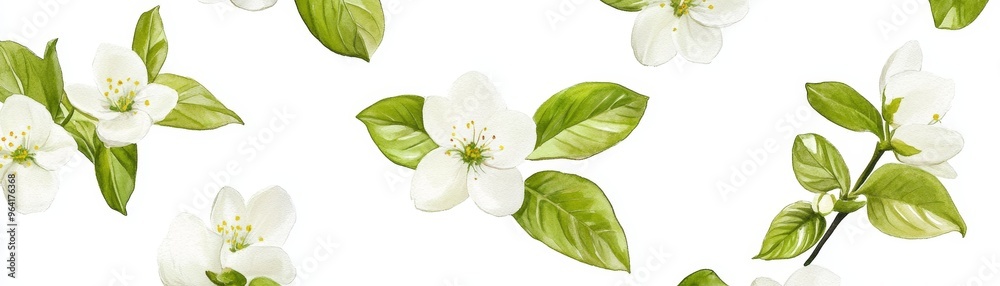 Obraz premium Watercolor Illustration of Delicate White Flowers with Green Leaves, Floral, Botanical, Spring ,flower ,plant