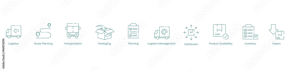 End-to-End Logistics and Supply Chain Vector Icon Set for Transportation, Planning, and Inventory Management End-to-End Logistics and Supply Chain Vector Icon Set for Transportation, Planning, and Inventory Management