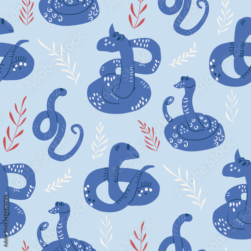 Snakes seamless pattern. Reptiles repeat background. Animal surface pattern design. Perfect for nursery wallpaper, kids fabric. Vector hand drawn illustration.