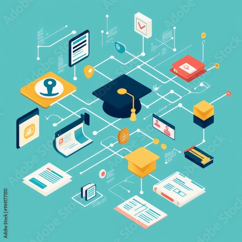 Isometric network of icons connected by lines, including graduation caps, documents, books, and other learning related symbols.