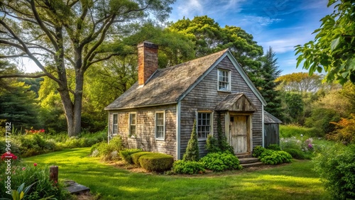 Small, weathered Cape Cod house with worn clapboard siding, crooked chimney, and minimalistic garden surrounded by towering mature oak trees.