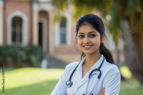 A woman in a white coat is smiling and holding a stethoscope