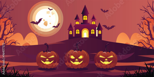 Haunted background with illustrations of pumpkins, a cemetery, and bats in the middle of a full moon. Premium illustration for banners, posters, greetings, and Halloween celebrations.