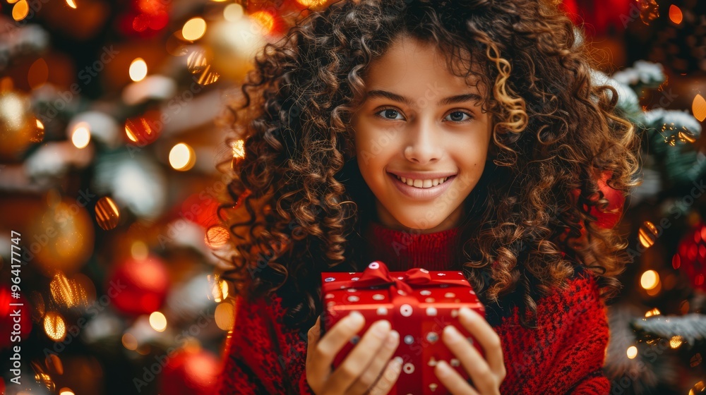 Smiling girl with curly hair holding red Christmas present festive background with tree Holiday happiness concept Smiling girl with curly hair holding red Christmas present festive background with tree Holiday happiness concept