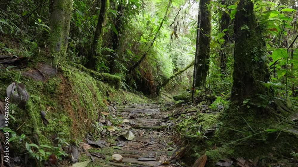 Sendero de madera en medio del bosque en la montaña en el bosque tropical de Costa Rica Sendero de madera en medio del bosque en la montaña en el bosque tropical de Costa Rica