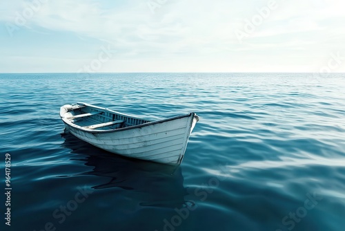 A lone white rowboat floats peacefully on calm blue waters under clear sky, evoking tranquility and solitude in a picturesque maritime scene.