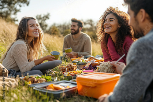 A group of people are sitting on a grassy field photo