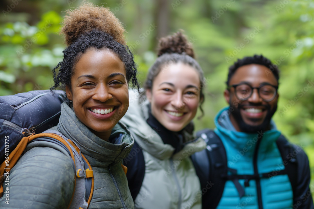 Three people smiling and posing for a photo in the woods Three people smiling and posing for a photo in the woods