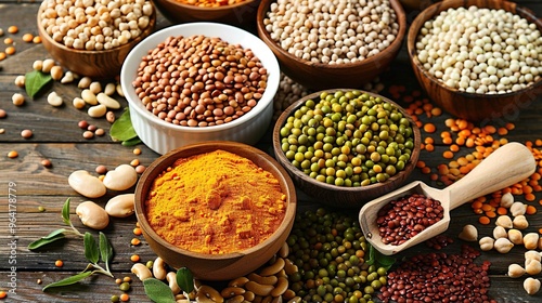 Artful Display of Beans and Legumes: Chickpeas, Red Beans, and More in Bowls on a Wooden Table, Accented with Stones and Wooden Spoons