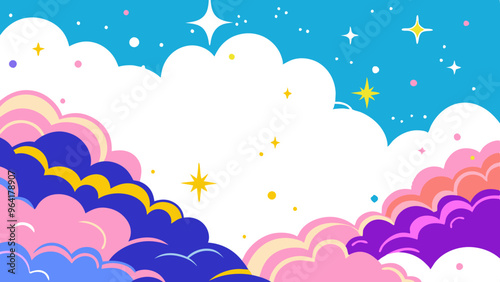 a colorful, whimsical illustration of a sky scene. The top part of the image is a bright blue sky filled with white clouds and various sparkling stars.