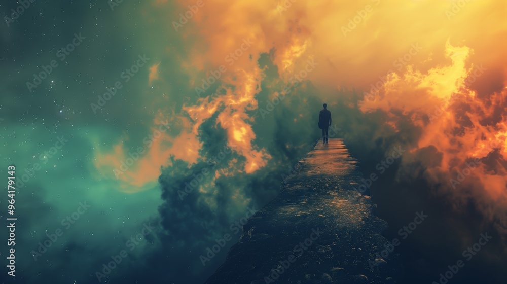 Fototapeta premium Stunning Conceptual Illustration of Man Walking into Surreal Sky â€“ Inspirational and Artistic Vision Quest