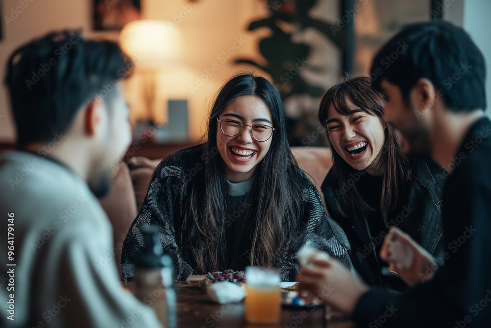 A group of people are laughing and smiling at a table with food and drinks A group of people are laughing and smiling at a table with food and drinks