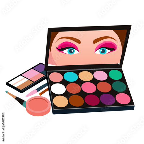 an illustration of a makeup set. It features an open eyeshadow palette with a mirror. The palette contains a variety of colors, including shades of pink, green, blue, brown, and white.