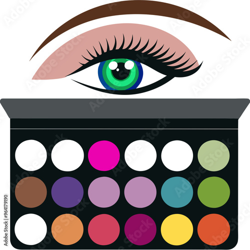 an illustration of an eye with a bold, green iris and long eyelashes. Above the eye is a well-defined eyebrow. Below the eye is an open eyeshadow palette containing 18 circular colors arranged in 