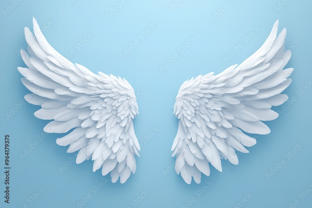 Fototapeta premium White angel wings with jagged edges on a light blue background, gothic inspiration