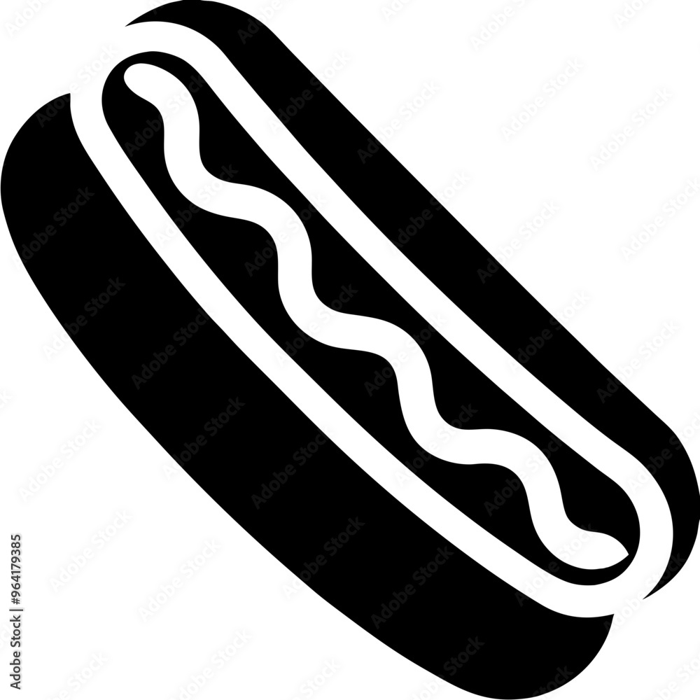 a simple black and white icon of a hot dog. It shows a hot dog bun with a sausage inside, and a wavy line on top of the sausage, representing a topping like mustard or ketchup. a simple black and white icon of a hot dog. It shows a hot dog bun with a sausage inside, and a wavy line on top of the sausage, representing a topping like mustard or ketchup.