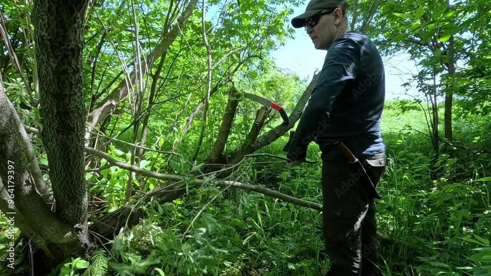 A man sawing a tree in the forest A man sawing a tree in the forest