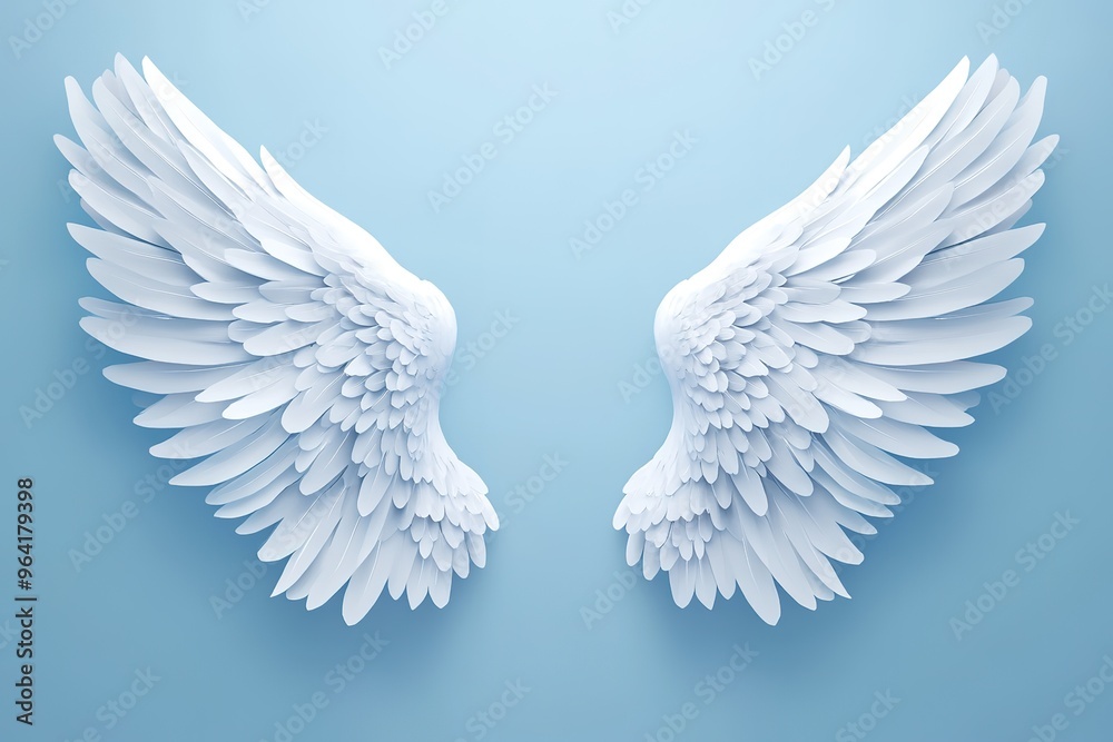 White angel wings with jagged edges on a light blue background, gothic inspiration White angel wings with jagged edges on a light blue background, gothic inspiration