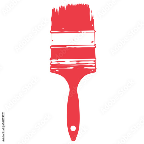 a stylized illustration of a paintbrush. The paintbrush is depicted in a solid red color, with the bristles appearing as if they have been dipped in red paint. 