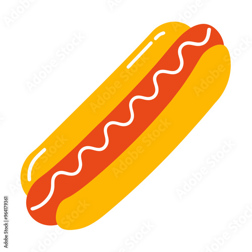 a simple illustration of a hot dog. It shows a sausage in a bun, with a wavy line of mustard or another condiment on top. The bun is depicted in yellow, the sausage in red, and the condiment in white