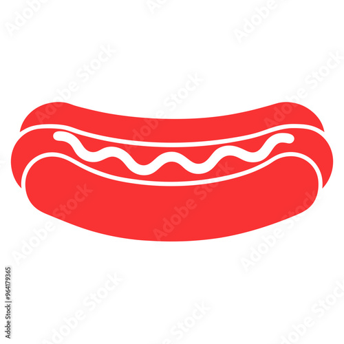 a simple, stylized illustration of a hot dog. It is depicted in a solid red color. The hot dog consists of a sausage placed inside a bun, and there is a wavy line across the sausage, representing