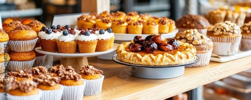 A delightful display of fresh pastries and cakes in a vibrant bakery setting, tempting all who pass by.