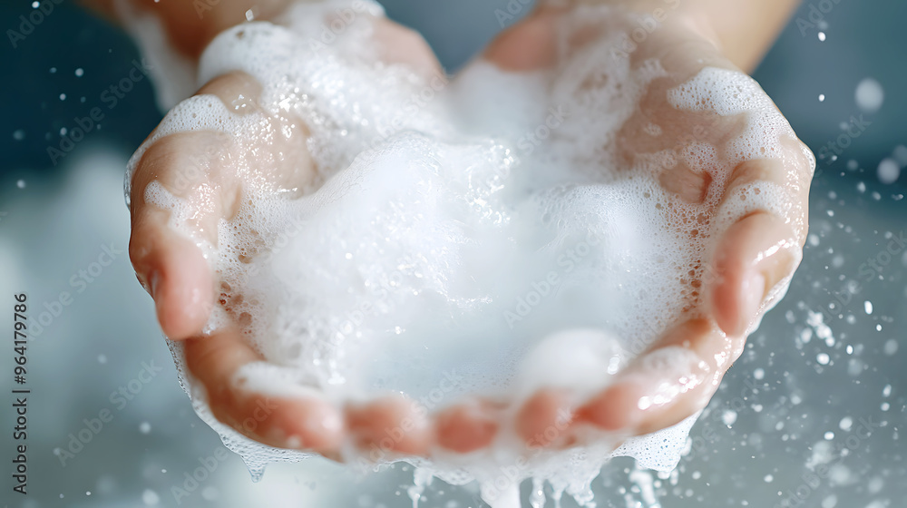 Fototapeta premium Gentle white foam forming in the hands, symbolizing the sensitivity and care
