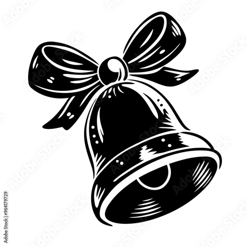 a black and white illustration of a bell with a ribbon tied in a bow at the top. The bell has a shiny appearance with highlights that suggest a metallic surface.