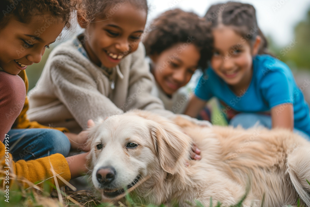 A group of children are playing with a dog in a grassy area A group of children are playing with a dog in a grassy area