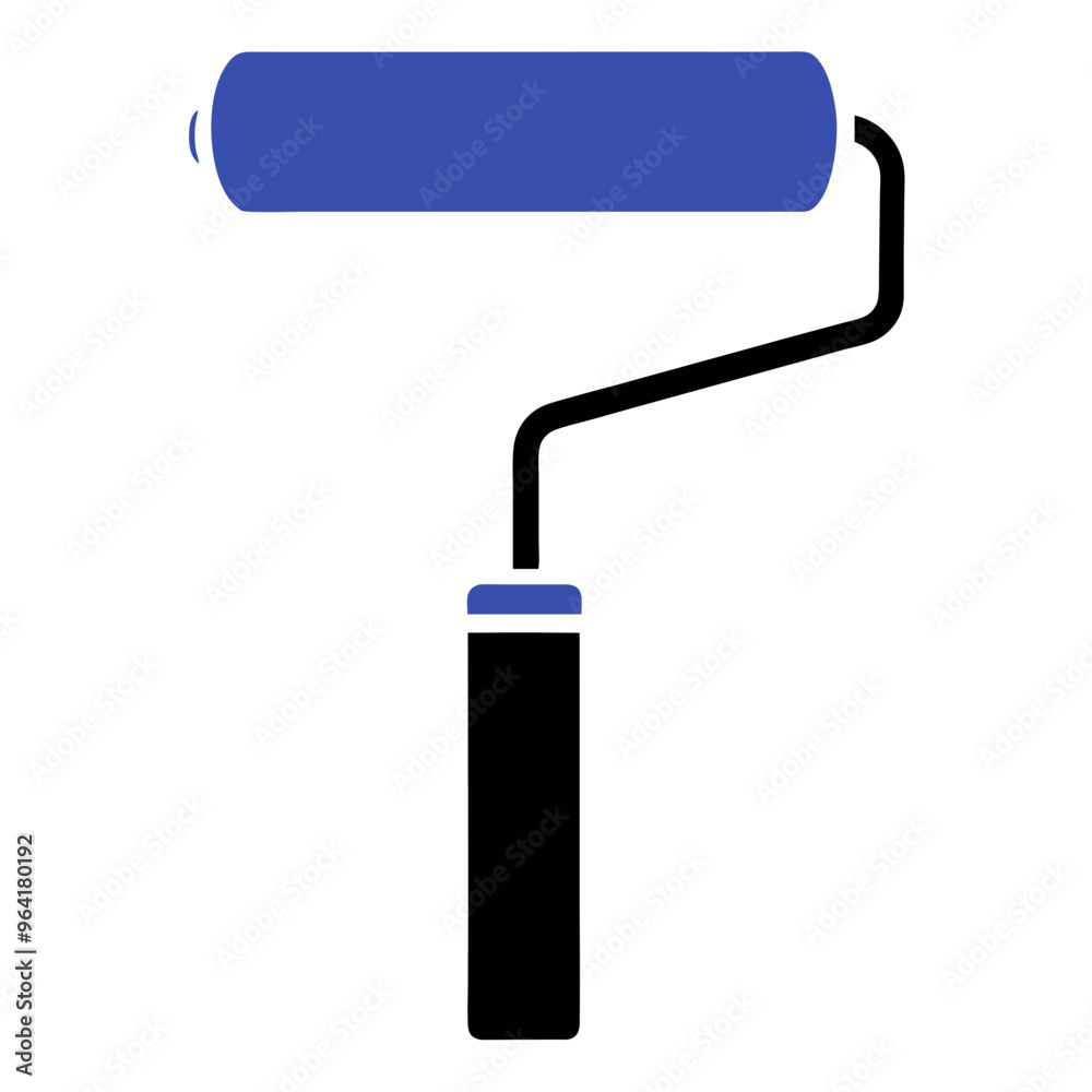 a simple illustration of a paint roller. The roller part is colored blue, while the handle and frame are black. The roller is positioned horizontally at the top, and the handle extends vertically down a simple illustration of a paint roller. The roller part is colored blue, while the handle and frame are black. The roller is positioned horizontally at the top, and the handle extends vertically down