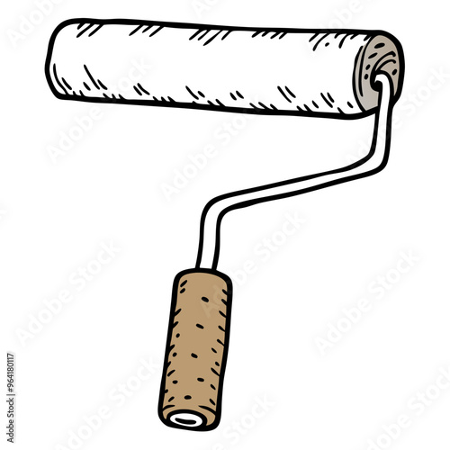  a simple illustration of a paint roller. It consists of a cylindrical roller covered in a white material, likely to absorb and apply paint. The roller is attached to a metal frame, which connects to 