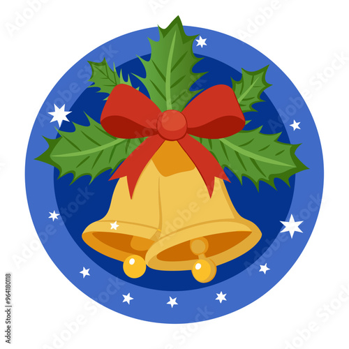 a festive illustration featuring two golden bells tied together with a red ribbon. Behind the bells, there are green holly leaves. The entire design is set against a blue circular background