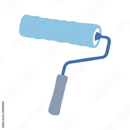  a simple illustration of a paint roller. The roller part is light blue, and the handle is a darker blue with a gray grip. The roller is depicted in a slightly angled position