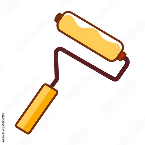 an illustration of a paint roller. It has a yellow roller at the top, which is used for applying paint, and a handle at the bottom. The handle is also yellow and is connected to the roller 