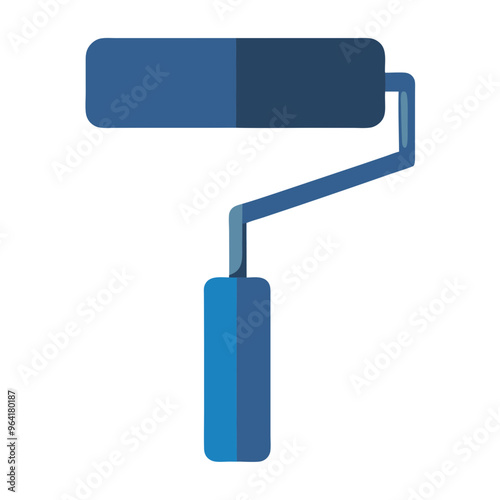 an illustration of a paint roller. The roller part at the top is depicted in two shades of blue, with the left side being a lighter blue and the right side a darker blue.