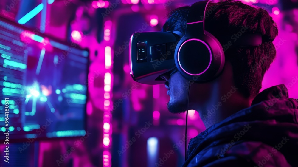 Person Using Virtual Reality Headset in Futuristic Neon Environment
