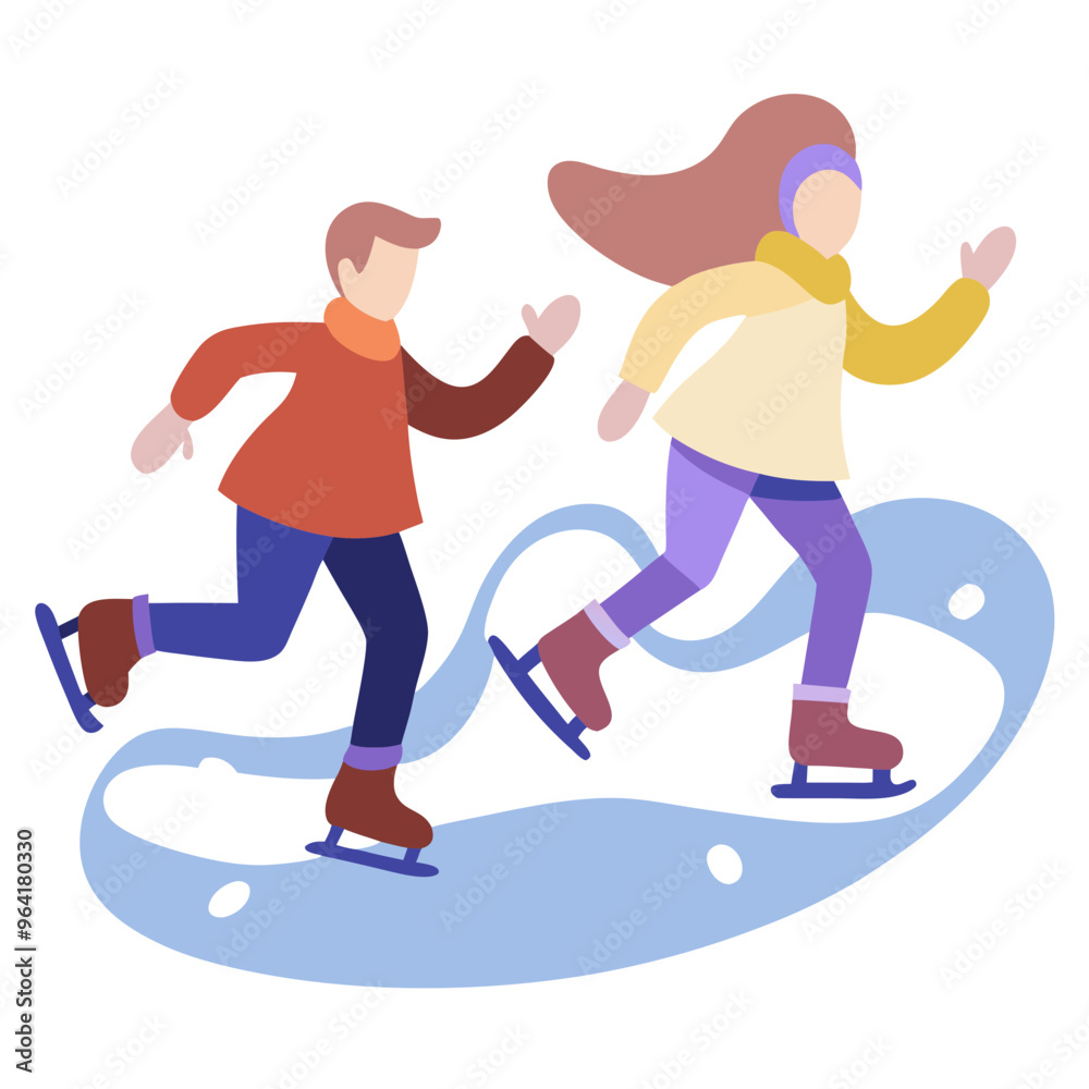 Obraz premium an illustration of two people ice skating. The person on the left appears to be male, wearing a red sweater, blue pants, and brown ice skates.