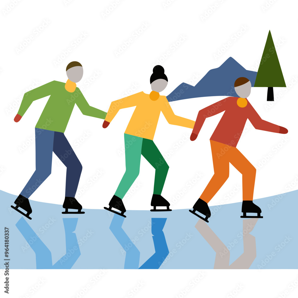 a stylized illustration of three people ice skating on a frozen surface. The figures are simplified and colorful, with no facial features. a stylized illustration of three people ice skating on a frozen surface. The figures are simplified and colorful, with no facial features.