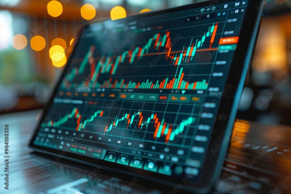 Digital tablet displaying stock market charts with candlestick graphs and analytics data. Digital tablet displaying stock market charts with candlestick graphs and analytics data.