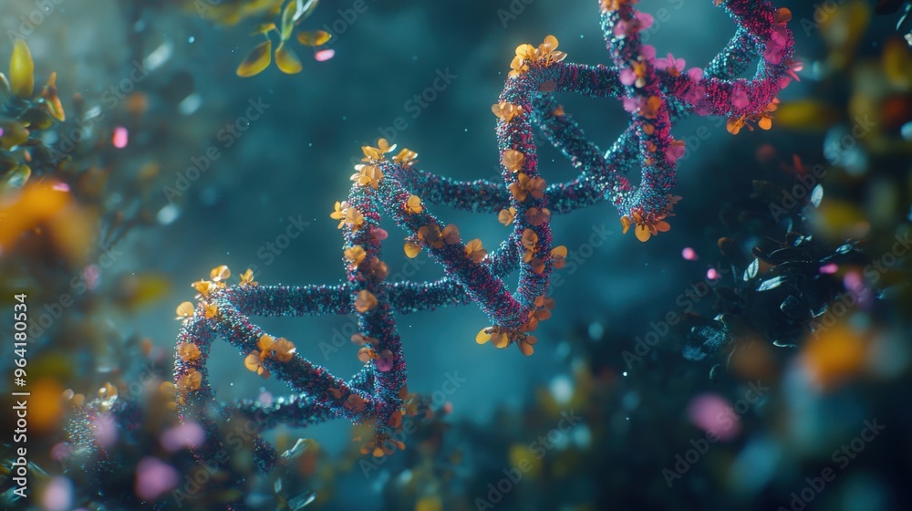 Interwoven DNA strands with floral motifs symbolizing biotechnological advancements and genetic engineering concepts
