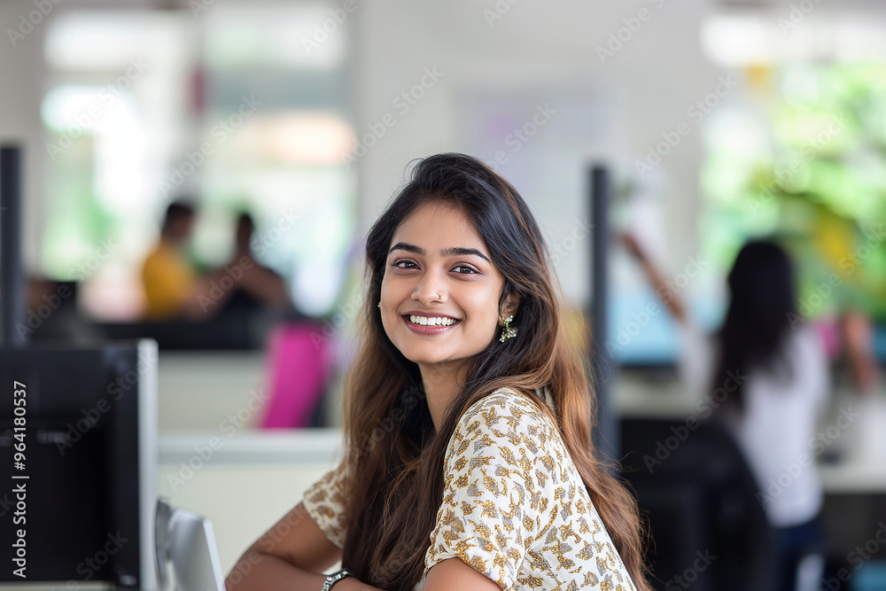 A woman with brown hair and a smile is sitting in front of a computer A woman with brown hair and a smile is sitting in front of a computer