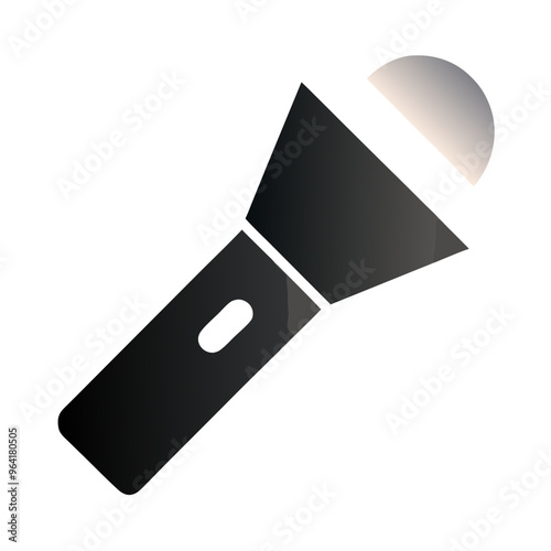 a simple, stylized icon of a flashlight. It is depicted in black and white, with a rectangular handle and a conical head. The head of the flashlight is angled slightly upward