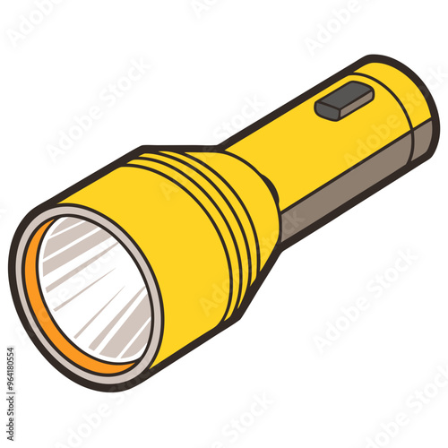 a simple illustration of a yellow flashlight. It has a cylindrical body with a wider front end where the light emits. The flashlight has a black switch on its side for turning it on and off.
