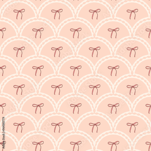 Bows scallop seamless pattern. Bowknot arch repeat background. Beauty retro endless design. Vector hand drawn illustration.