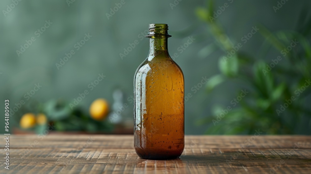 Bottle with olive oil on a wooden table with lemons in the background Bottle with olive oil on a wooden table with lemons in the background