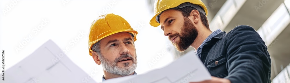 Construction Workers Discussing Plans in Hard Hats Construction Workers Discussing Plans in Hard Hats